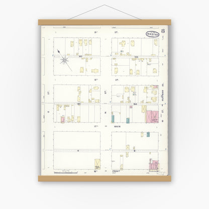 Old map wall art mockup — magnetic wood frame on white wall — Sanborn Fire Insurance Map from Merced, Merced County, California (1891), Sheet #0008