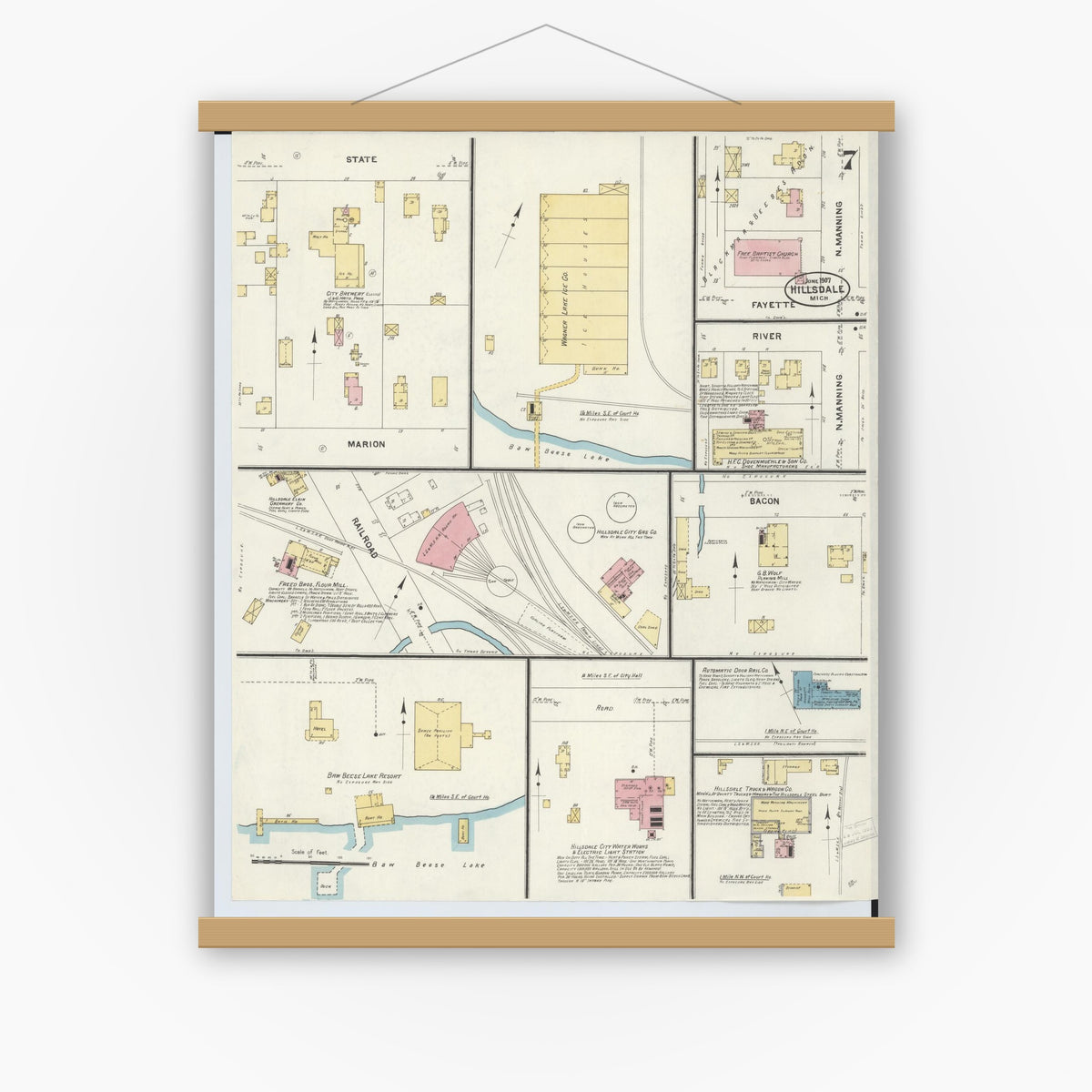 Old map wall art mockup — magnetic wood frame on white wall — Sanborn Fire Insurance Map from Hillsdale, Hillsdale County, Michigan (1907), Sheet #0007