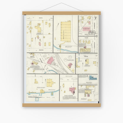 Old map wall art mockup — magnetic wood frame on white wall — Sanborn Fire Insurance Map from Hillsdale, Hillsdale County, Michigan (1907), Sheet #0007