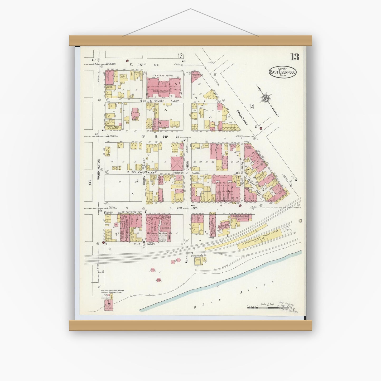 Old map wall art mockup — magnetic wood frame on white wall — Sanborn Fire Insurance Map from East Liverpool, Columbiana County, Ohio (1913), Sheet #0013