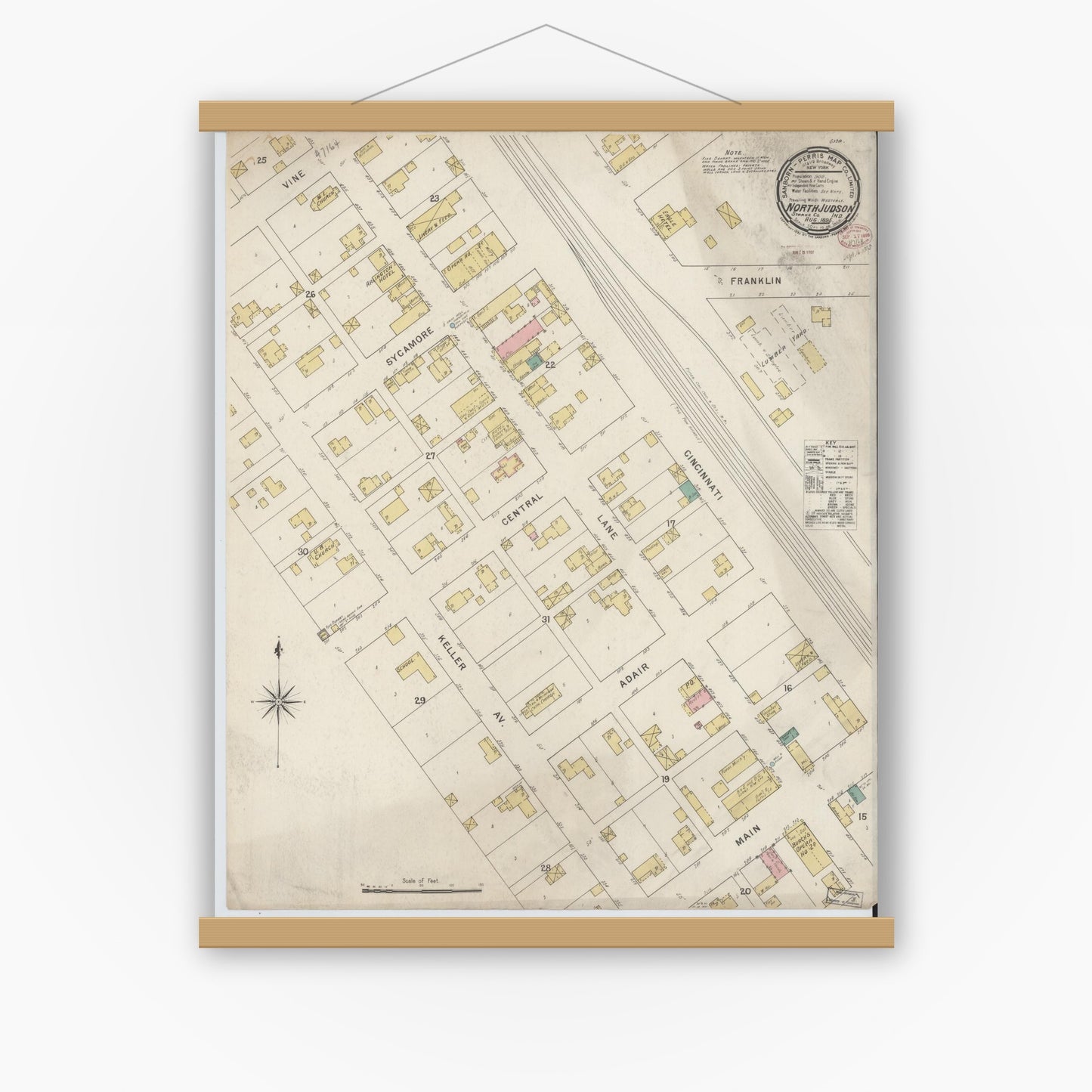 Old map wall art mockup — magnetic wood frame on white wall — Sanborn Fire Insurance Map from North Judson, Starke County, Indiana (1895), Sheet #0001