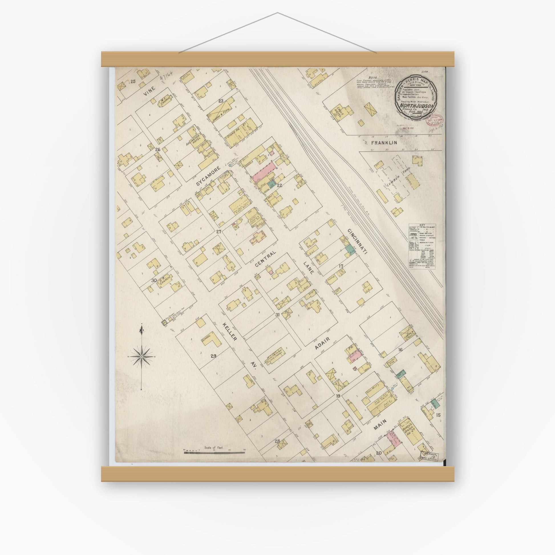Old map wall art mockup — magnetic wood frame on white wall — Sanborn Fire Insurance Map from North Judson, Starke County, Indiana (1895), Sheet #0001