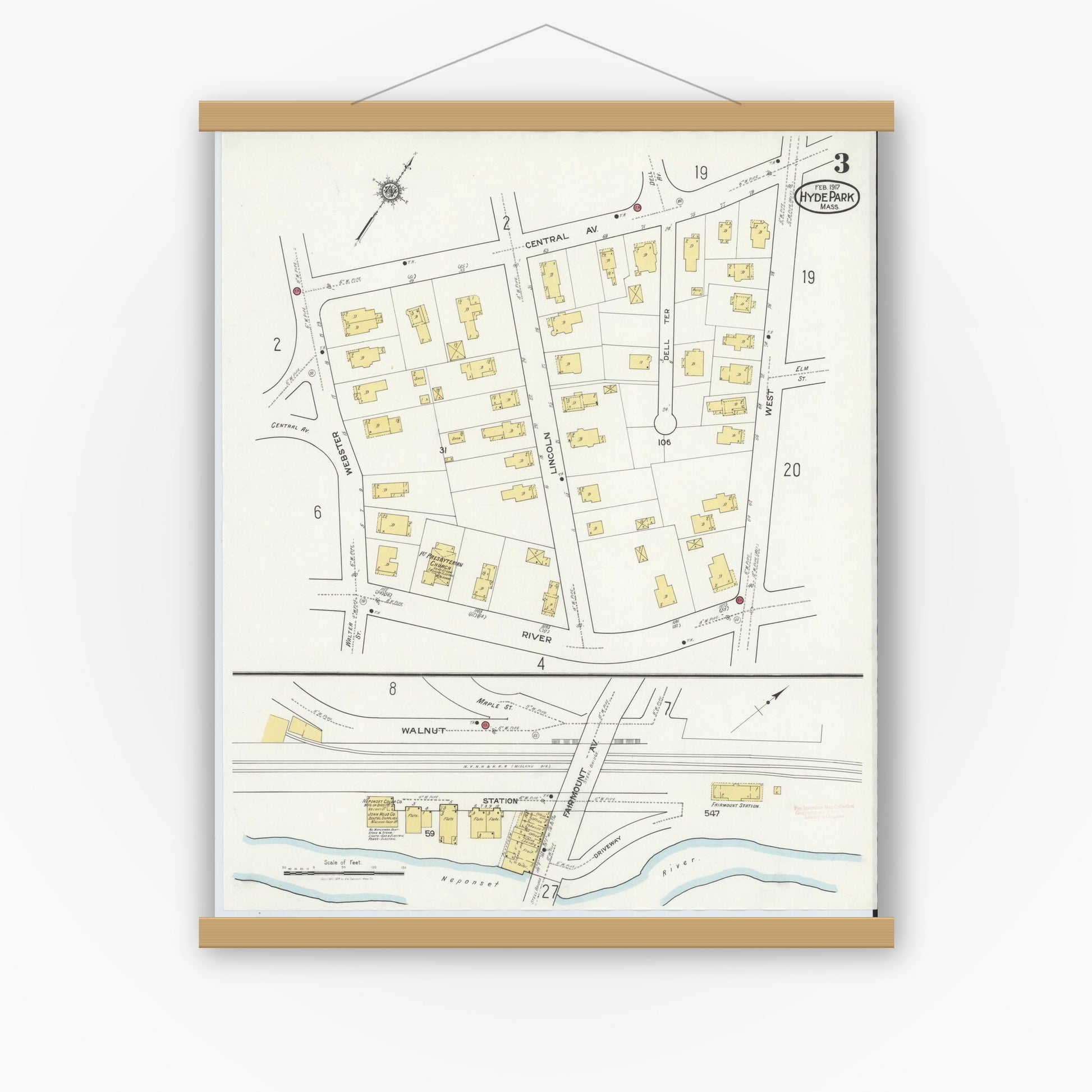 Old map wall art mockup — magnetic wood frame on white wall — Sanborn Fire Insurance Map from Hyde Park, Norfolk County, Massachusetts (1917), Sheet #0003