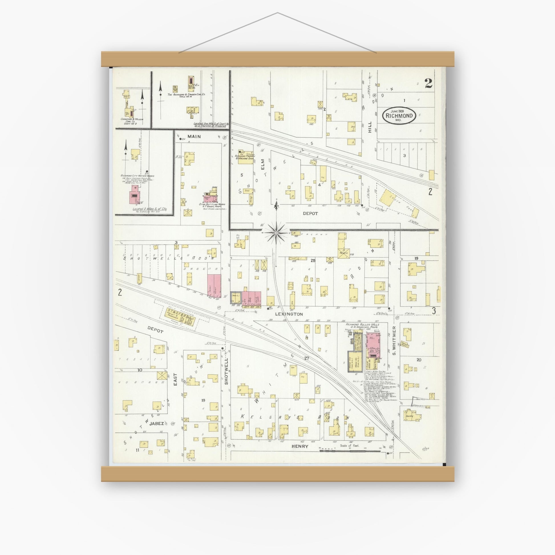 Old map wall art mockup — magnetic wood frame on white wall — Sanborn Fire Insurance Map from Richmond, Ray County, Missouri (1909), Sheet #0002