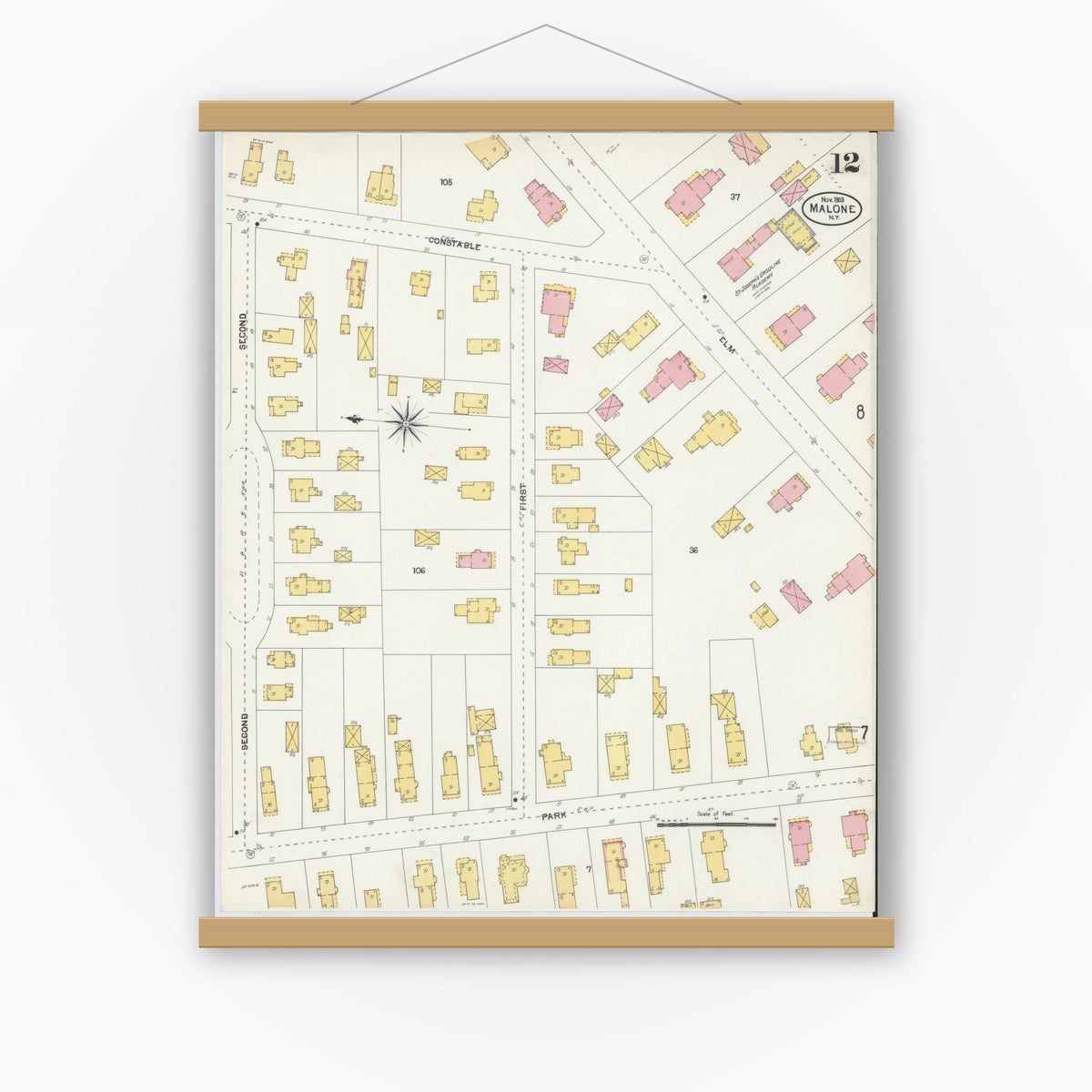 Old map wall art mockup — magnetic wood frame on white wall — Sanborn Fire Insurance Map from Malone, Franklin County, New York (1903), Sheet #0012