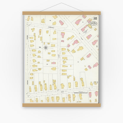 Old map wall art mockup — magnetic wood frame on white wall — Sanborn Fire Insurance Map from Malone, Franklin County, New York (1903), Sheet #0012