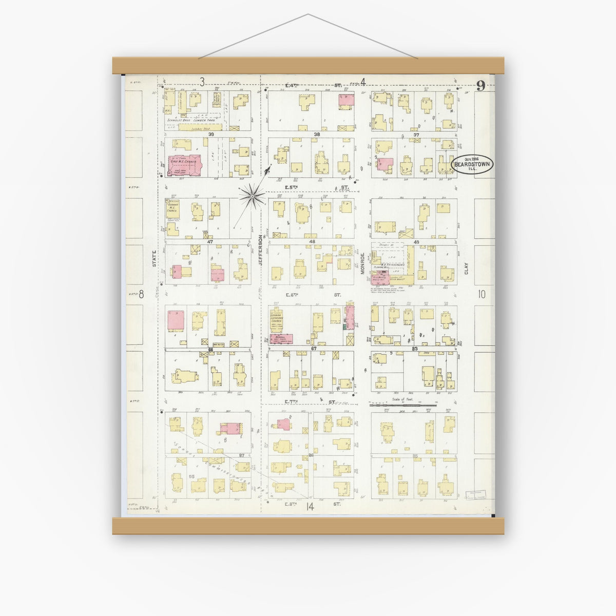 Old map wall art mockup — magnetic wood frame on white wall — Sanborn Fire Insurance Map from Beardstown, Cass County, Illinois (1906), Sheet #0009
