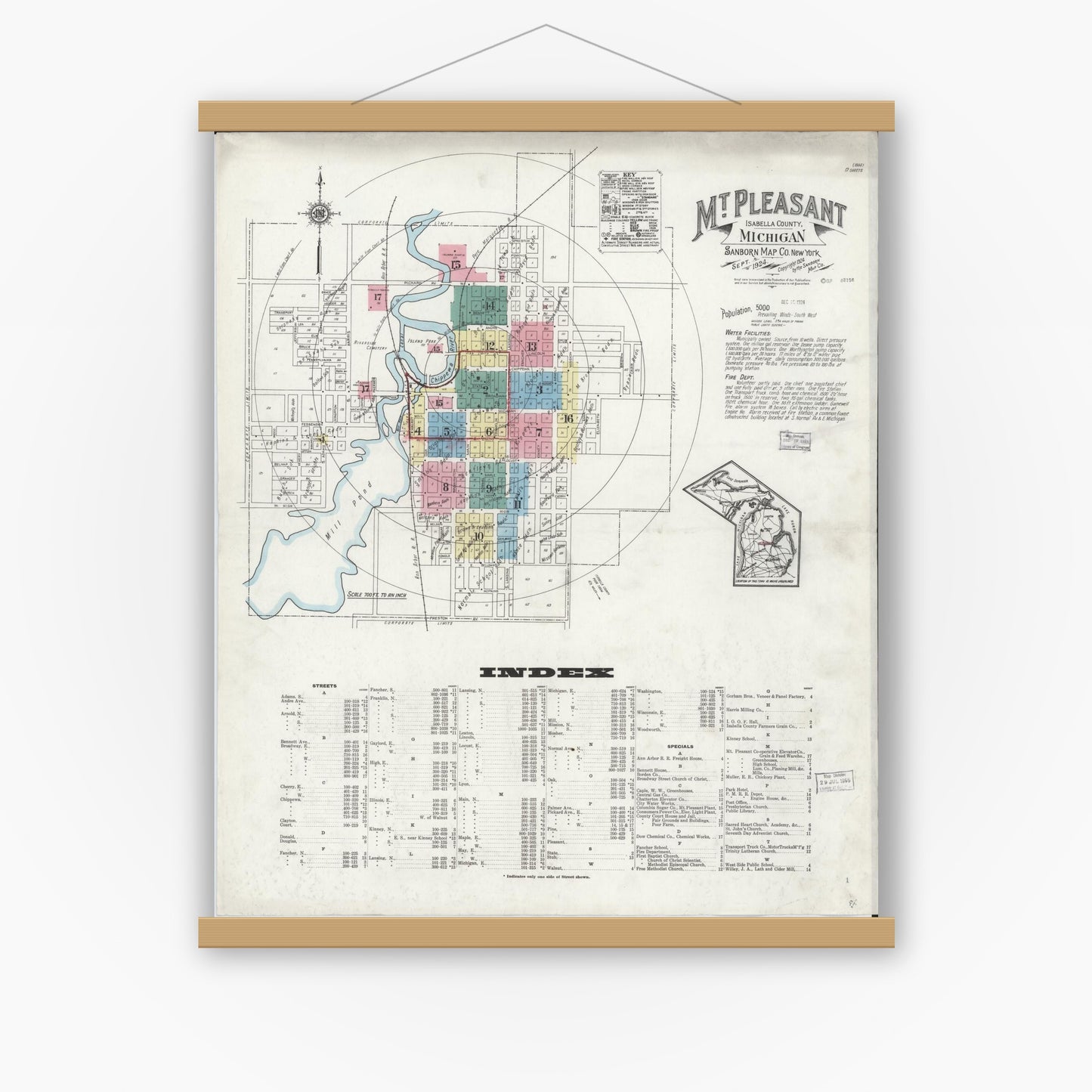 Old map wall art mockup — magnetic wood frame on white wall — Sanborn Fire Insurance Map from Mount Pleasant, Isabella County, Michigan (1924) - Complete Map Set