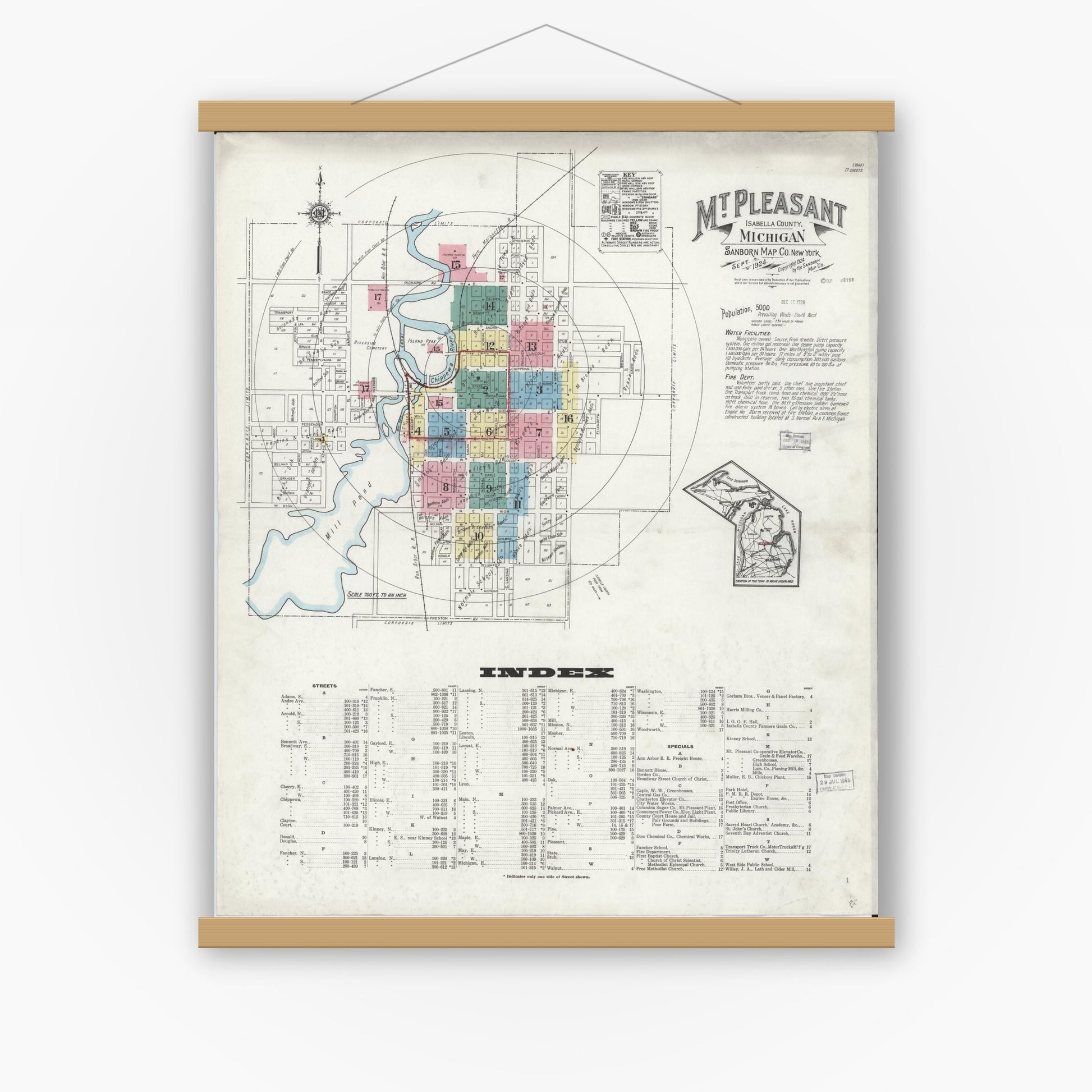 Old map wall art mockup — magnetic wood frame on white wall — Sanborn Fire Insurance Map from Mount Pleasant, Isabella County, Michigan (1924) - Complete Map Set