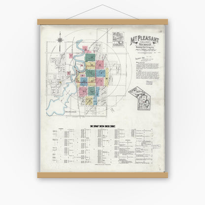Old map wall art mockup — magnetic wood frame on white wall — Sanborn Fire Insurance Map from Mount Pleasant, Isabella County, Michigan (1924) - Complete Map Set