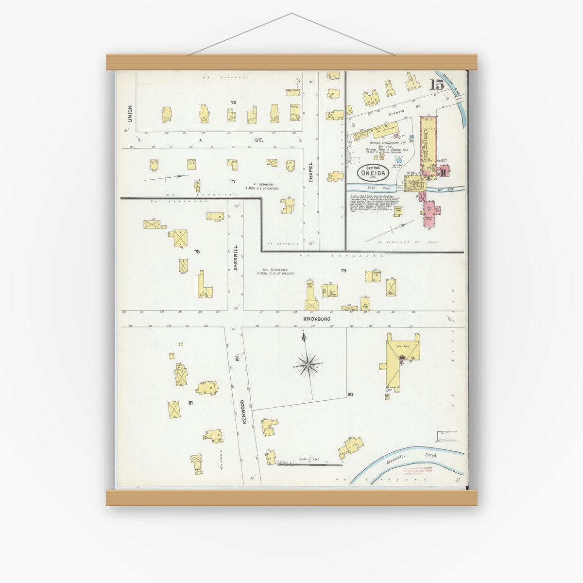 Old map wall art mockup — magnetic wood frame on white wall — Sanborn Fire Insurance Map from Oneida, Madison County, New York (1904), Sheet #0014