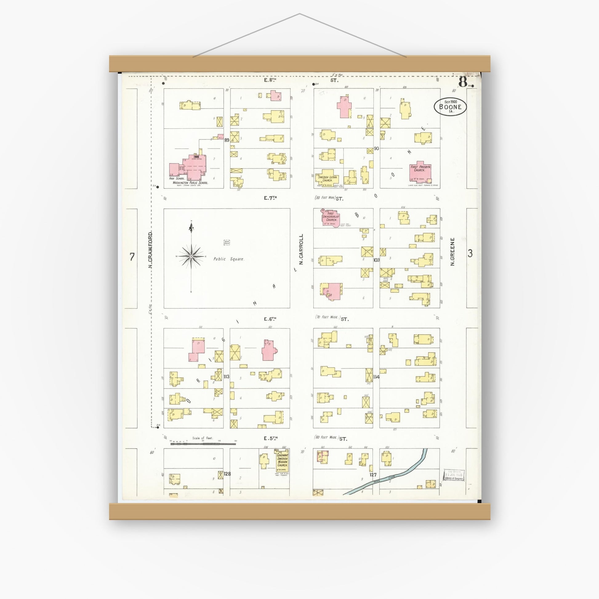 Old map wall art mockup — magnetic wood frame on white wall — Sanborn Fire Insurance Map from Boone, Boone County, Iowa (1900), Sheet #0008