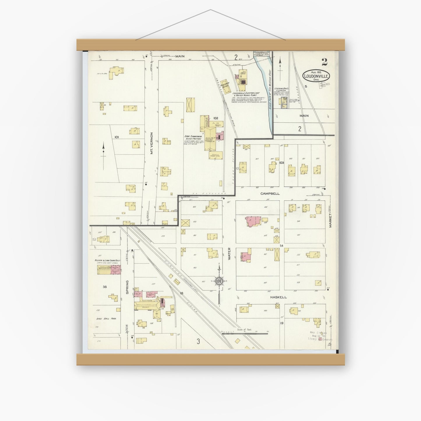 Old map wall art mockup — magnetic wood frame on white wall — Sanborn Fire Insurance Map from Loudonville, Ashland County, Ohio (1913), Sheet #0002