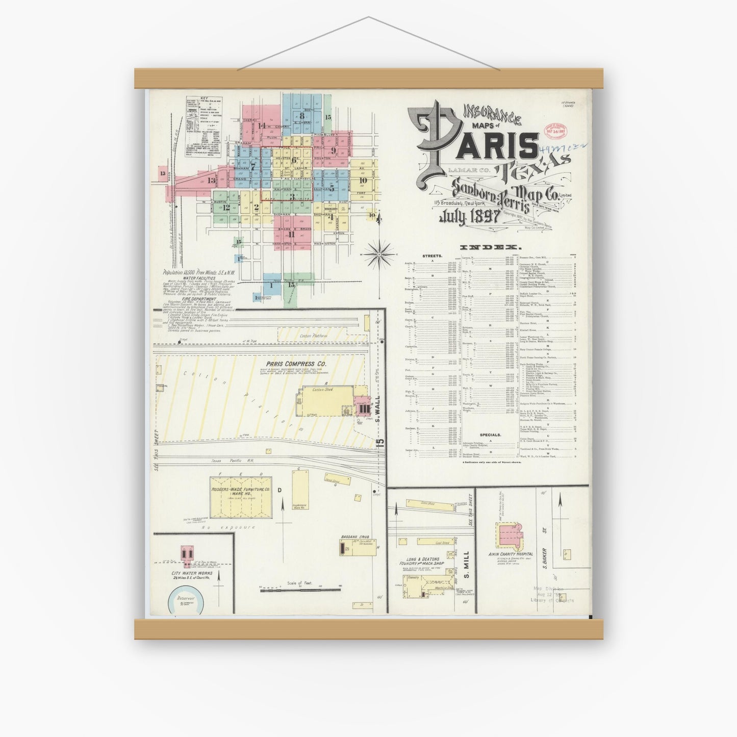 Old map wall art mockup — magnetic wood frame on white wall — Sanborn Fire Insurance Map from Paris, Lamar County, Texas (1897) - Complete Map Set