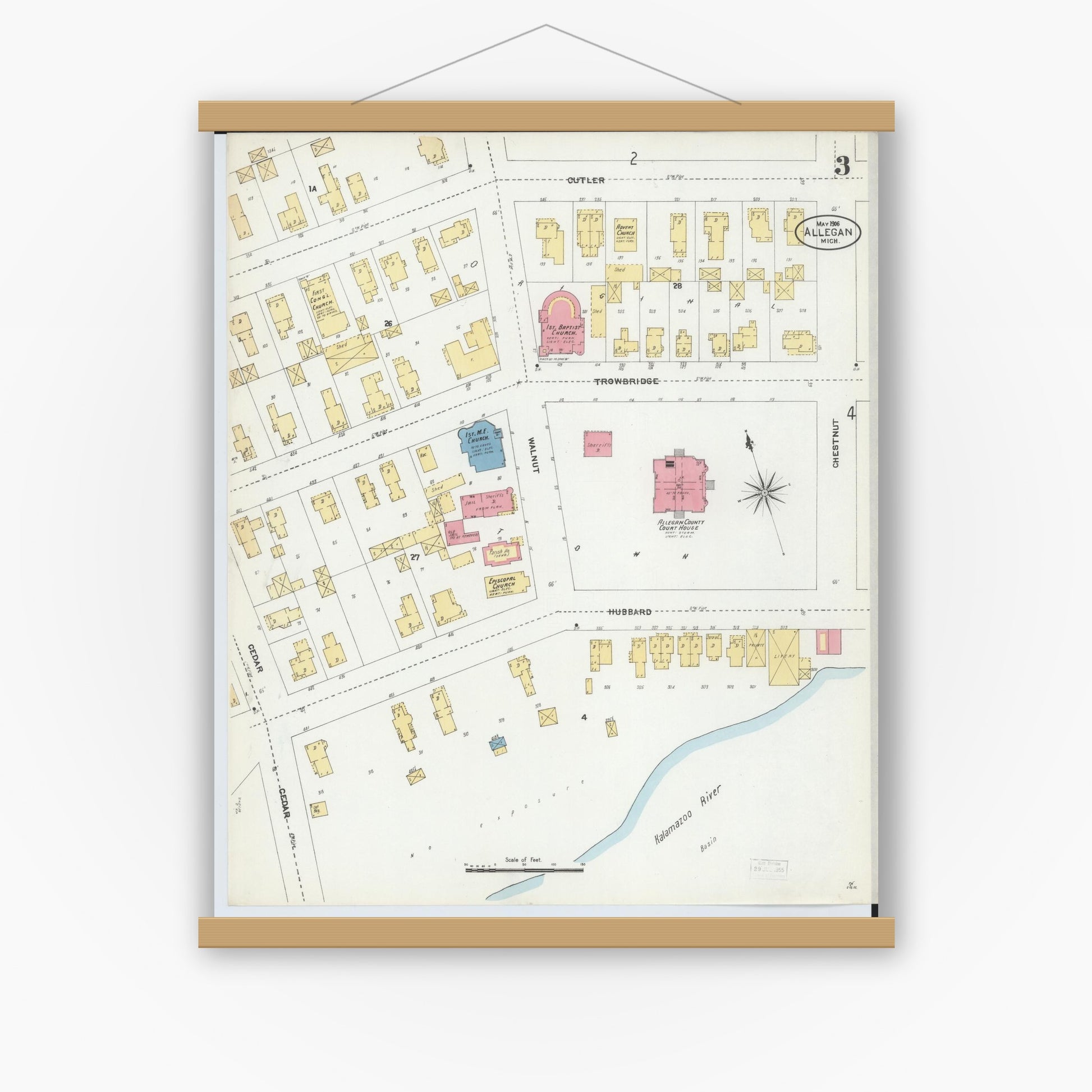 Old map wall art mockup — magnetic wood frame on white wall — Sanborn Fire Insurance Map from Allegan, Allegan County, Michigan (1906), Sheet #0003