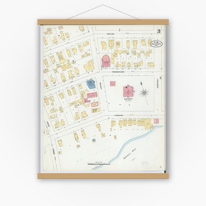Old map wall art mockup — magnetic wood frame on white wall — Sanborn Fire Insurance Map from Allegan, Allegan County, Michigan (1906), Sheet #0003