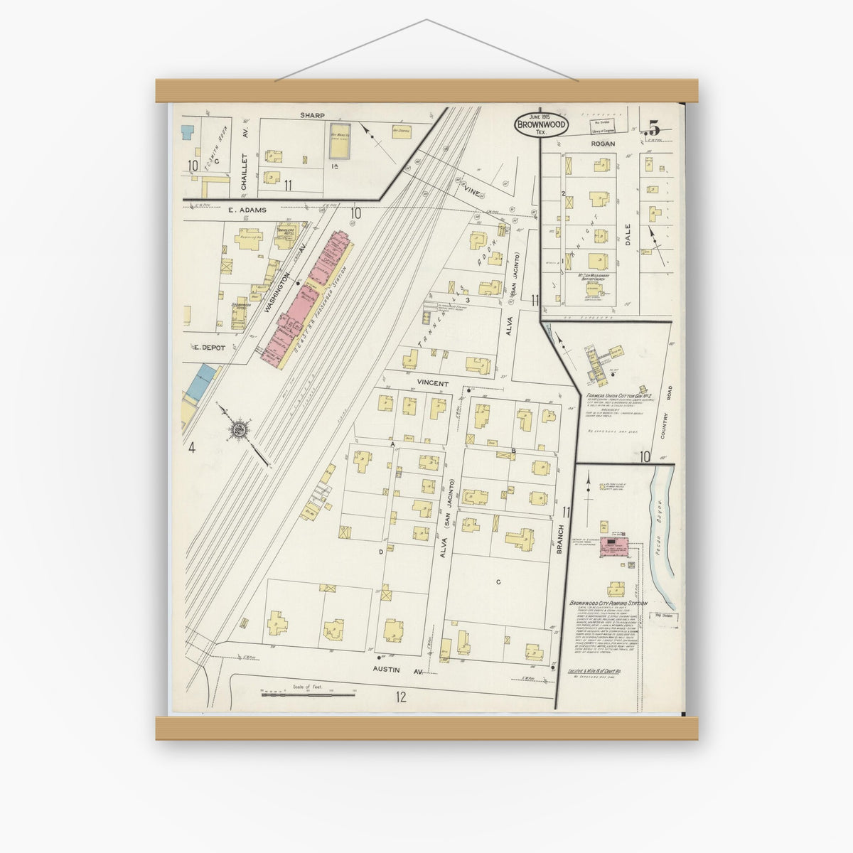 Old map wall art mockup — magnetic wood frame on white wall — Sanborn Fire Insurance Map from Brownwood, Brown County, Texas (1915), Sheet #0005