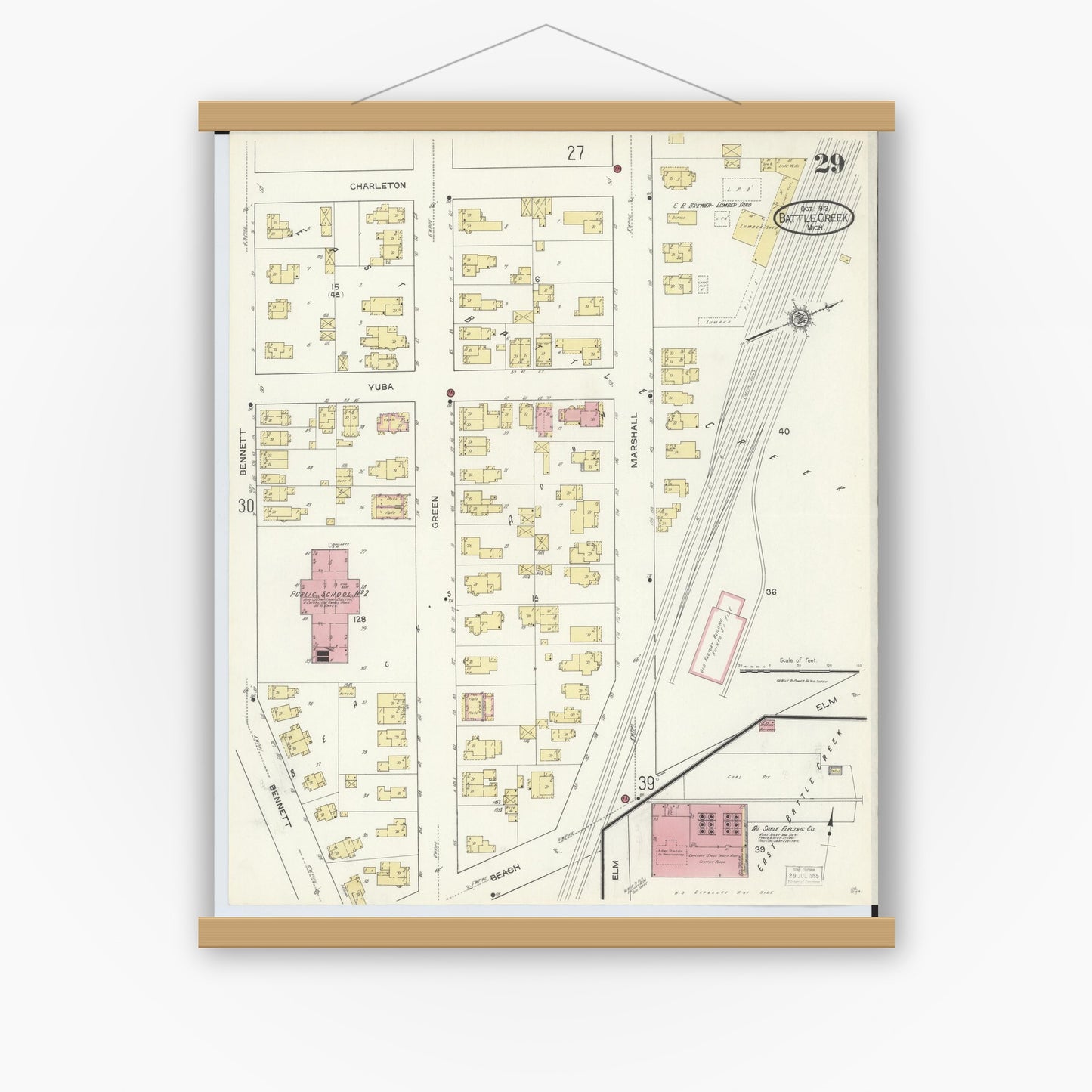 Old map wall art mockup — magnetic wood frame on white wall — Sanborn Fire Insurance Map from Battle Creek, Calhoun County, Michigan (1913), Sheet #0029