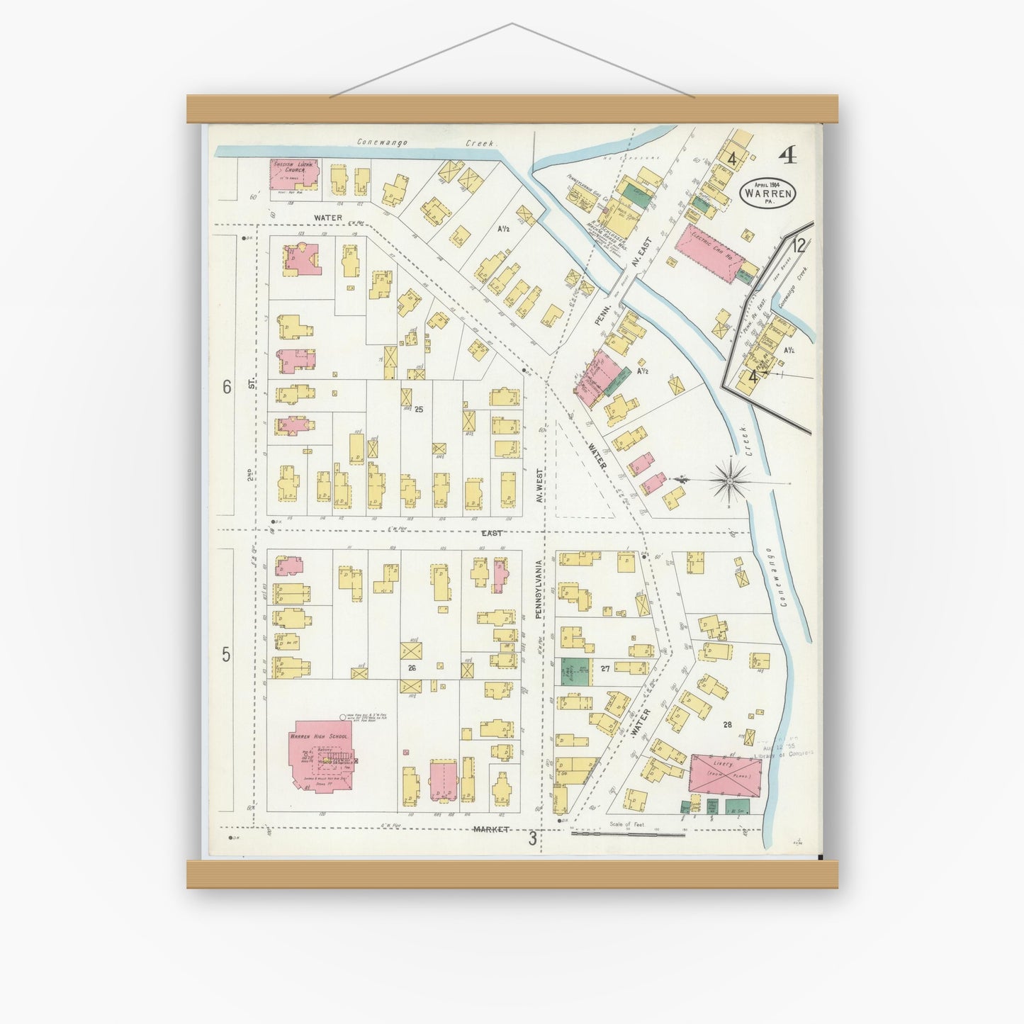 Old map wall art mockup — magnetic wood frame on white wall — Sanborn Fire Insurance Map from Warren, Warren County, Pennsylvania (1904), Sheet #0004
