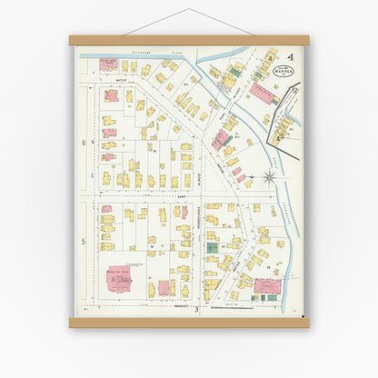 Old map wall art mockup — magnetic wood frame on white wall — Sanborn Fire Insurance Map from Warren, Warren County, Pennsylvania (1904), Sheet #0004