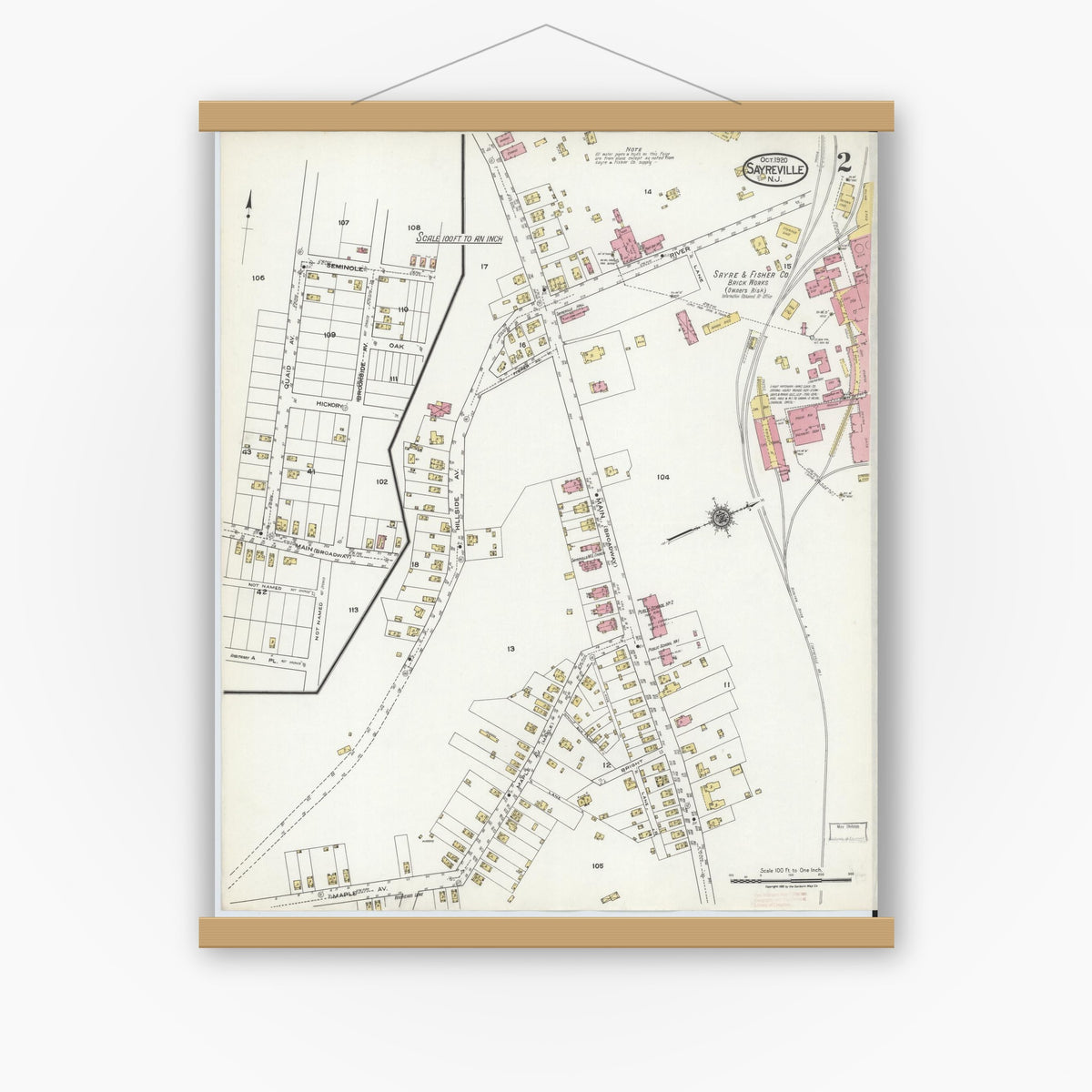 Old map wall art mockup — magnetic wood frame on white wall — Sanborn Fire Insurance Map from Sayreville, Middlesex County, New Jersey (1920), Sheet #0002