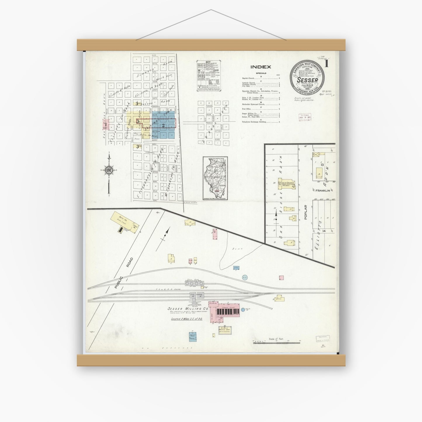 Old map wall art mockup — magnetic wood frame on white wall — Sanborn Fire Insurance Map from Sesser, Franklin County, Illinois (1914) - Complete Map Set