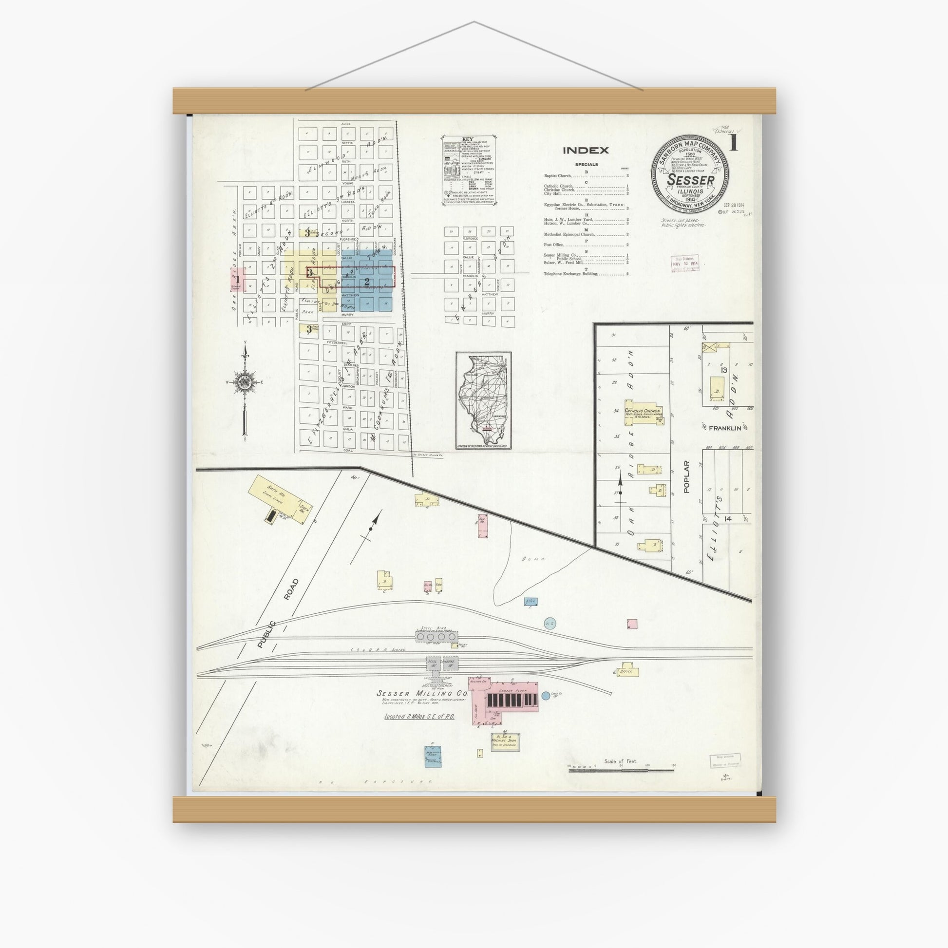 Old map wall art mockup — magnetic wood frame on white wall — Sanborn Fire Insurance Map from Sesser, Franklin County, Illinois (1914) - Complete Map Set