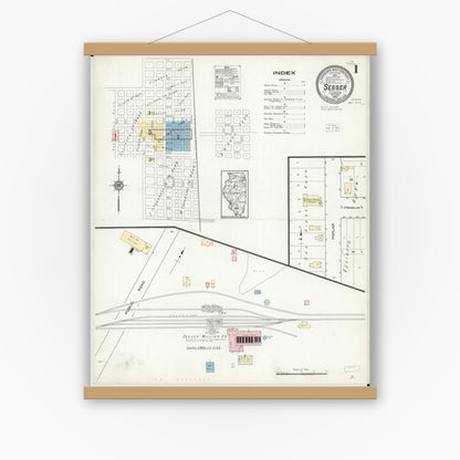 Old map wall art mockup — magnetic wood frame on white wall — Sanborn Fire Insurance Map from Sesser, Franklin County, Illinois (1914) - Complete Map Set