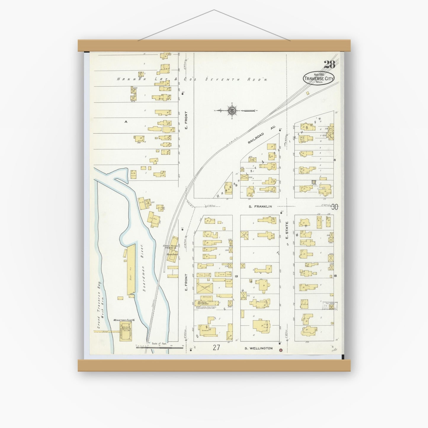 Old map wall art mockup — magnetic wood frame on white wall — Sanborn Fire Insurance Map from Traverse City, Grand Traverse County, Michigan (1910), Sheet #0028