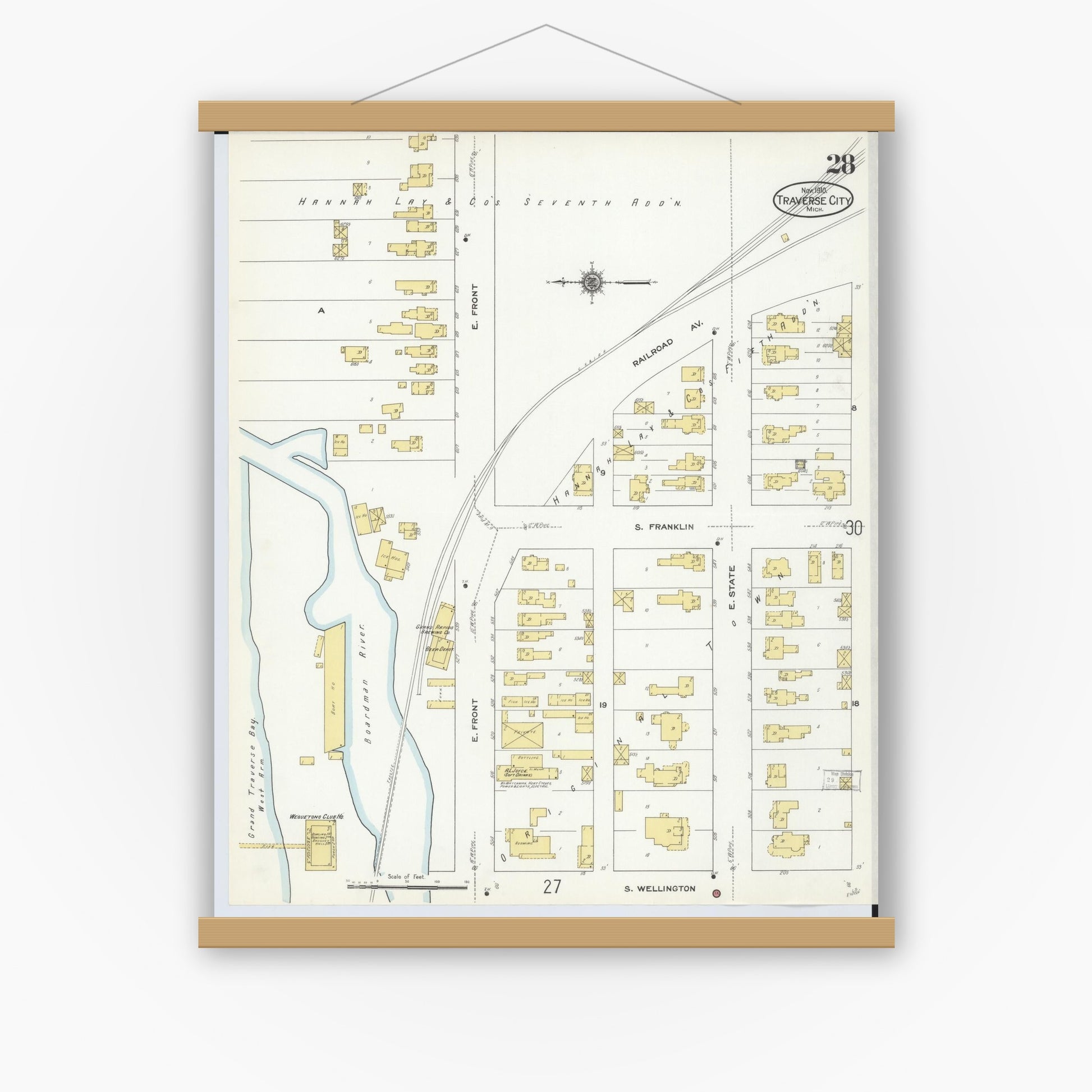 Old map wall art mockup — magnetic wood frame on white wall — Sanborn Fire Insurance Map from Traverse City, Grand Traverse County, Michigan (1910), Sheet #0028