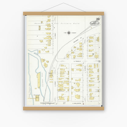 Old map wall art mockup — magnetic wood frame on white wall — Sanborn Fire Insurance Map from Traverse City, Grand Traverse County, Michigan (1910), Sheet #0028