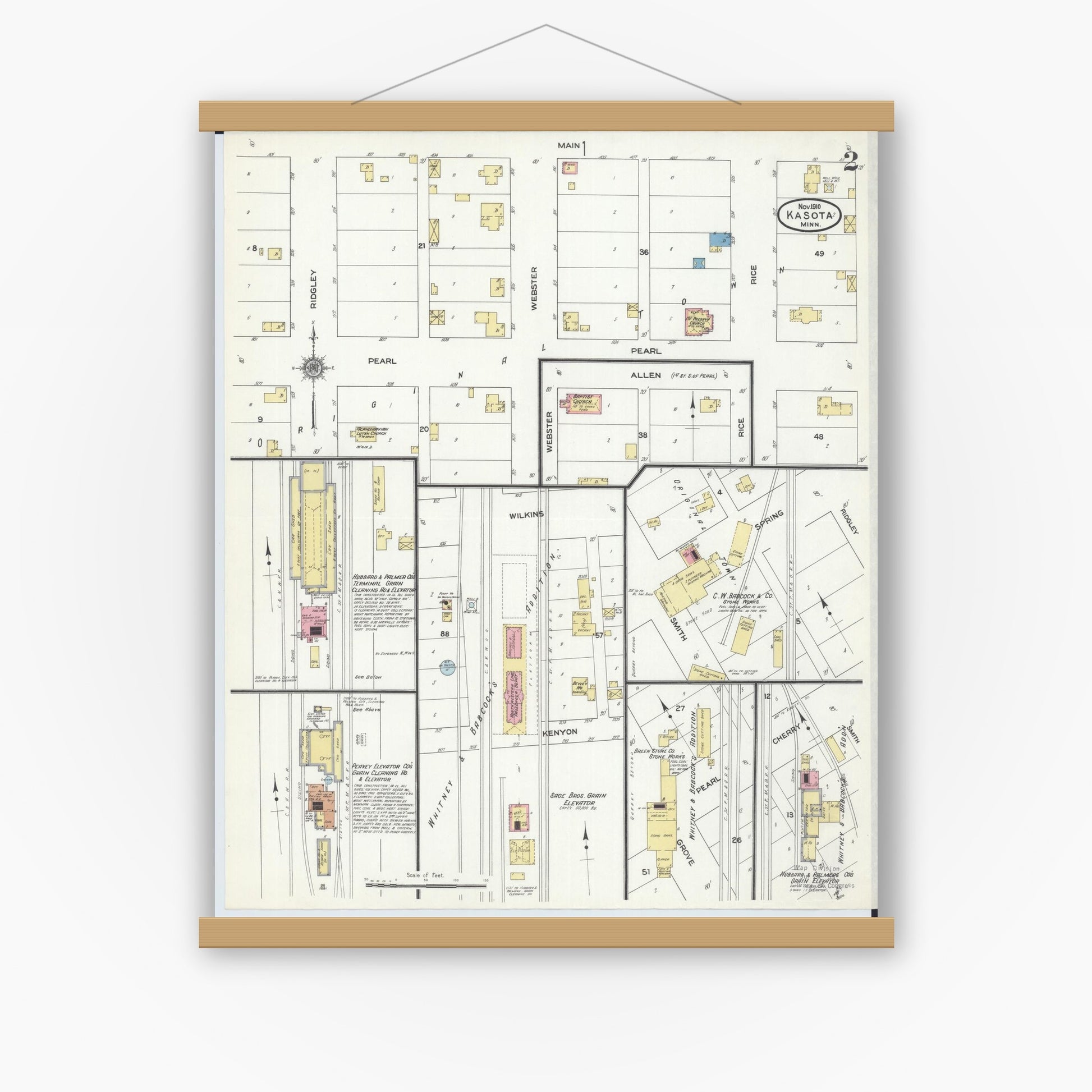 Old map wall art mockup — magnetic wood frame on white wall — Sanborn Fire Insurance Map from Kasota, Le Sueur County, Minnesota (1910), Sheet #0002