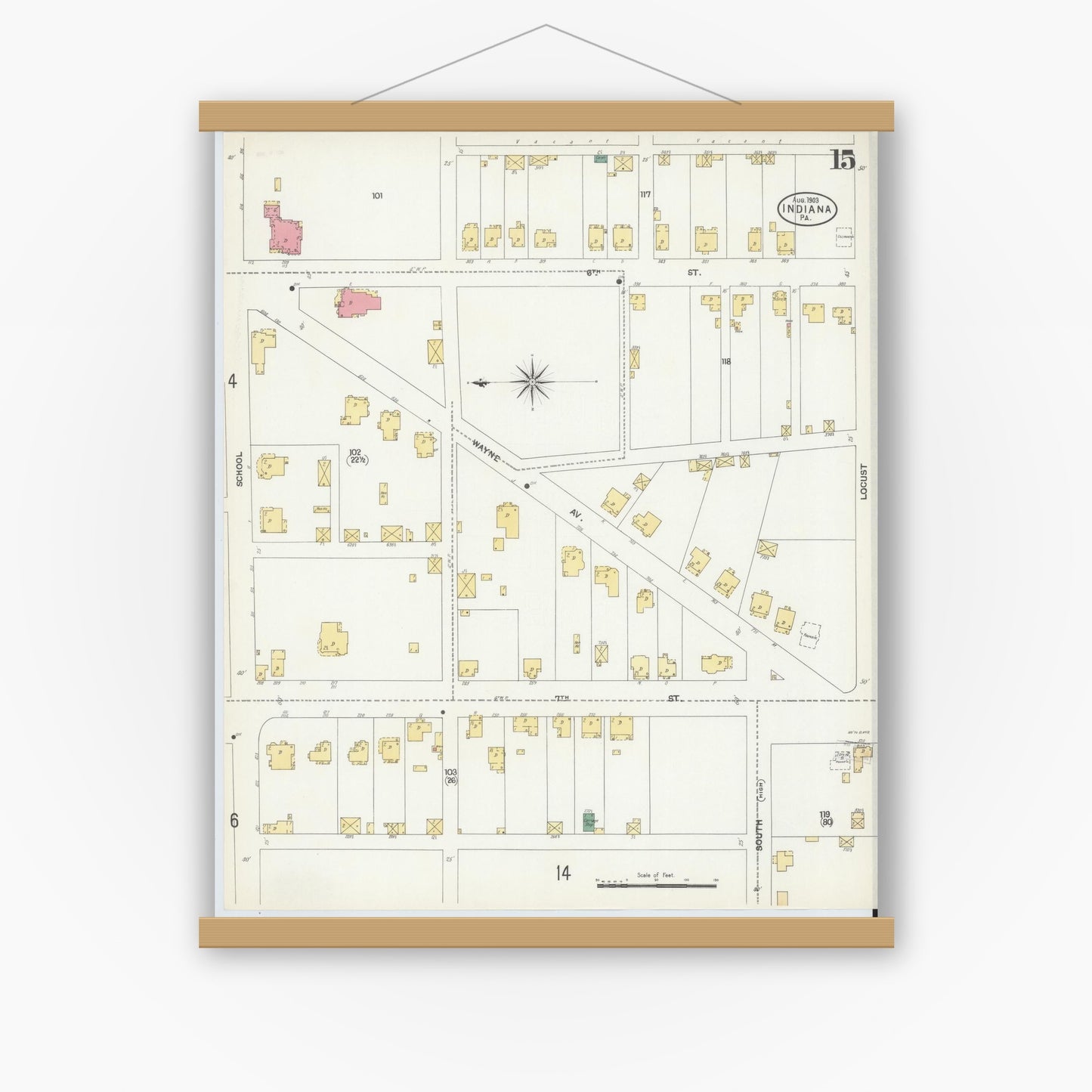 Old map wall art mockup — magnetic wood frame on white wall — Sanborn Fire Insurance Map from Indiana, Indiana County, Pennsylvania (1903), Sheet #0015