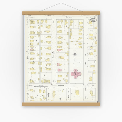 Old map wall art mockup — magnetic wood frame on white wall — Sanborn Fire Insurance Map from Pekin, Tazewell County, Illinois (1909), Sheet #0008