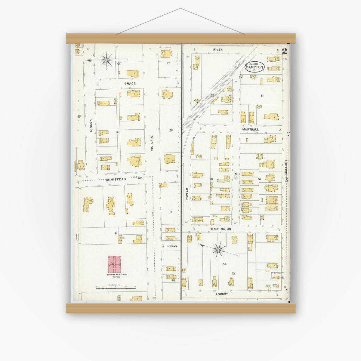 Old map wall art mockup — magnetic wood frame on white wall — Sanborn Fire Insurance Map from Hampton, Independent Cities, Virginia (1900), Sheet #0002