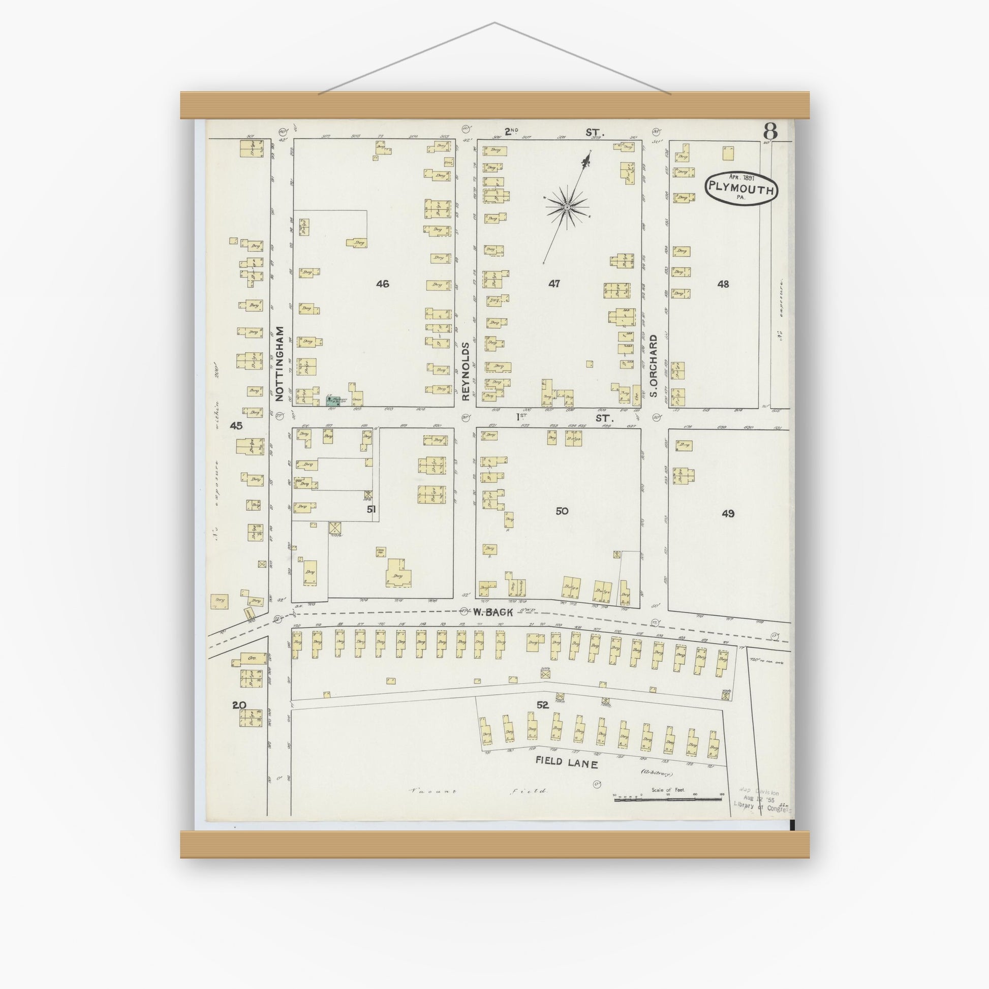 Old map wall art mockup — magnetic wood frame on white wall — Sanborn Fire Insurance Map from Plymouth, Luzerne County, Pennsylvania (1891), Sheet #0008