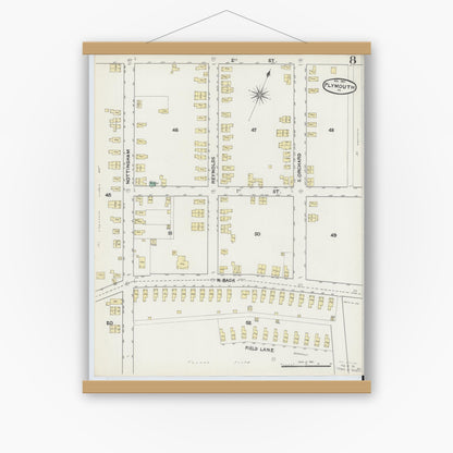 Old map wall art mockup — magnetic wood frame on white wall — Sanborn Fire Insurance Map from Plymouth, Luzerne County, Pennsylvania (1891), Sheet #0008