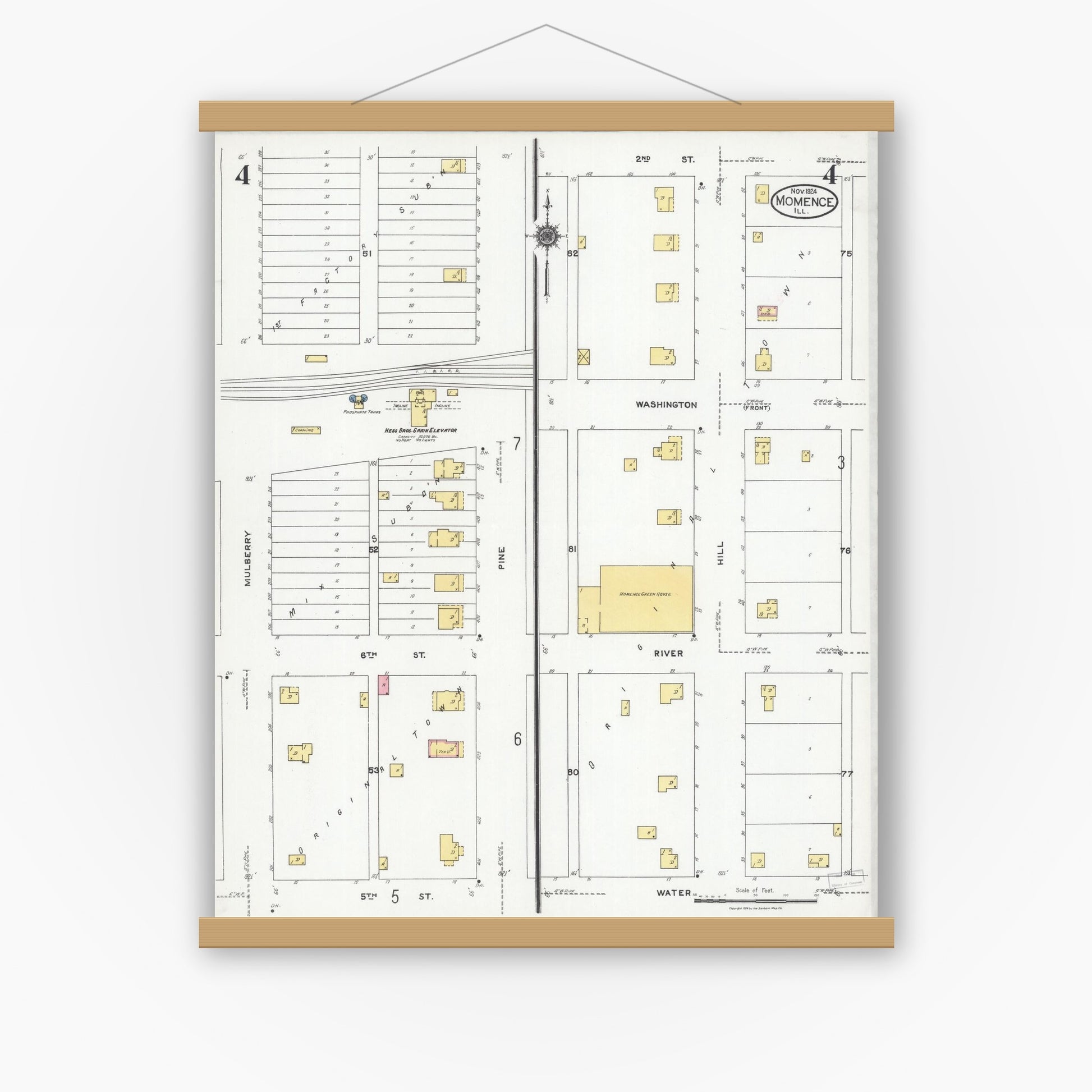 Old map wall art mockup — magnetic wood frame on white wall — Sanborn Fire Insurance Map from Momence, Kankakee County, Illinois (1924), Sheet #0004