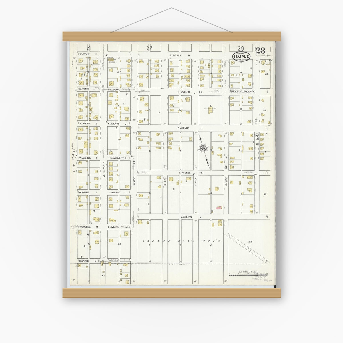 Old map wall art mockup — magnetic wood frame on white wall — Sanborn Fire Insurance Map from Temple, Bell County, Texas (1915), Sheet #0028