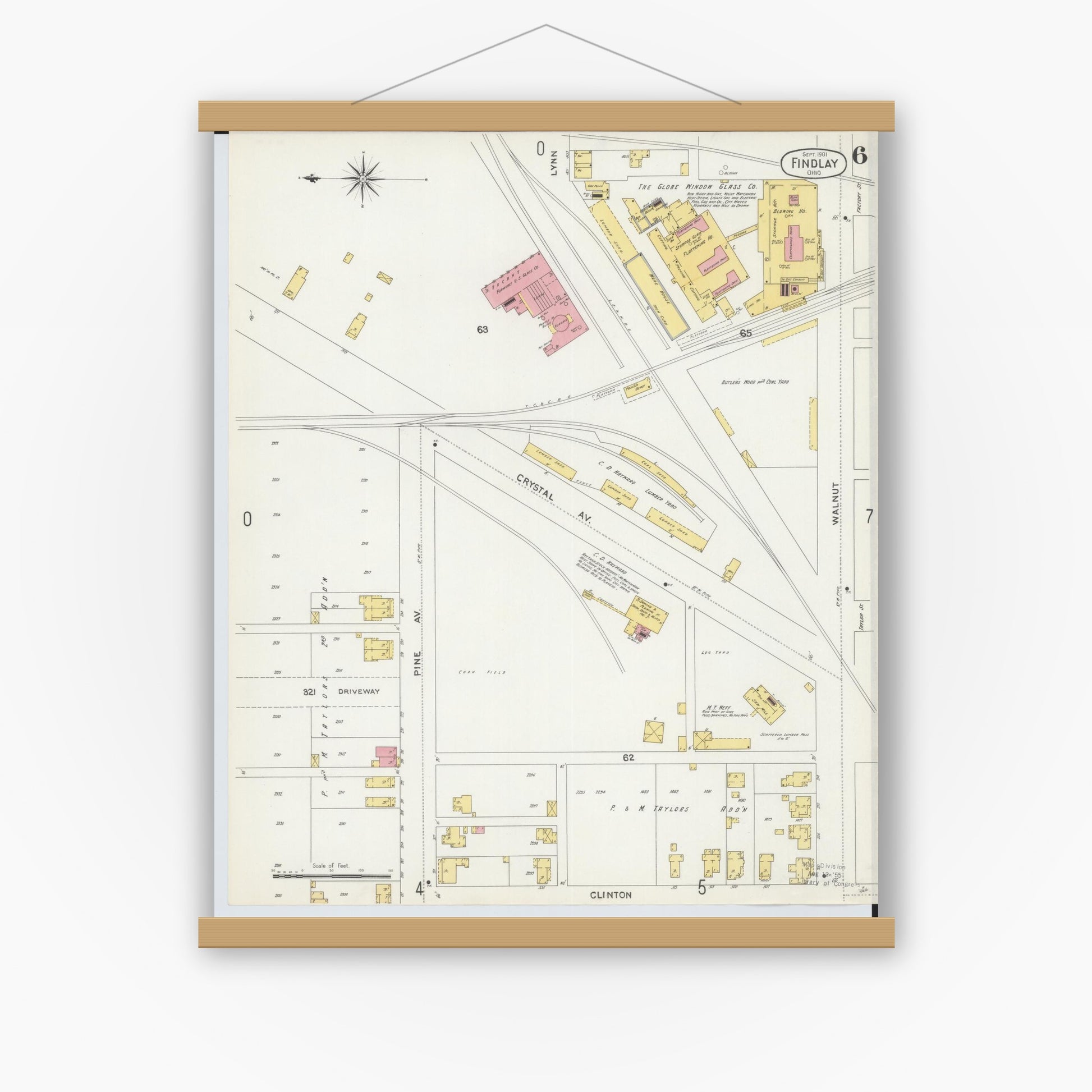 Old map wall art mockup — magnetic wood frame on white wall — Sanborn Fire Insurance Map from Findlay, Hancock County, Ohio (1901), Sheet #0006