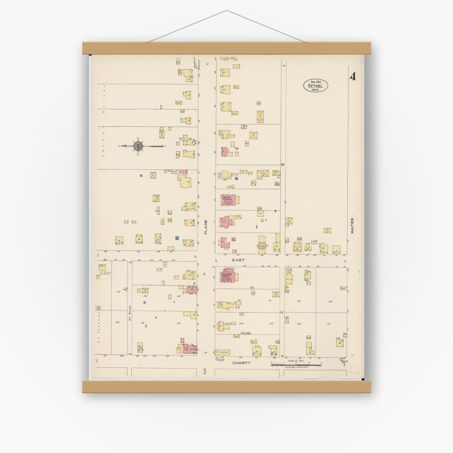 Old map wall art mockup — magnetic wood frame on white wall — Sanborn Fire Insurance Map from Bethel, Clermont County, Ohio (1922), Sheet #0004