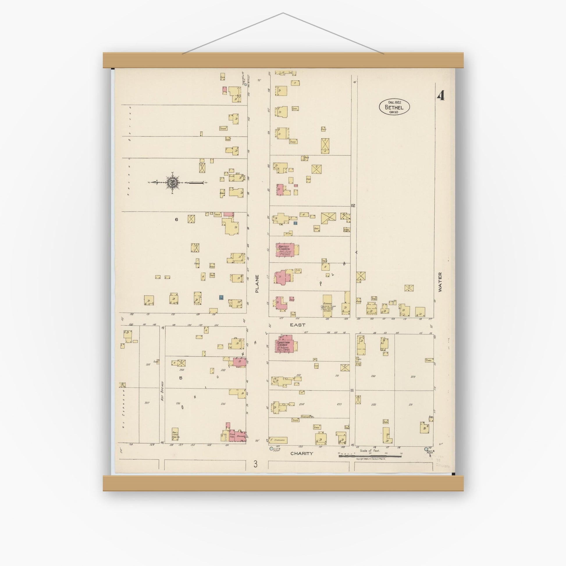 Old map wall art mockup — magnetic wood frame on white wall — Sanborn Fire Insurance Map from Bethel, Clermont County, Ohio (1922), Sheet #0004