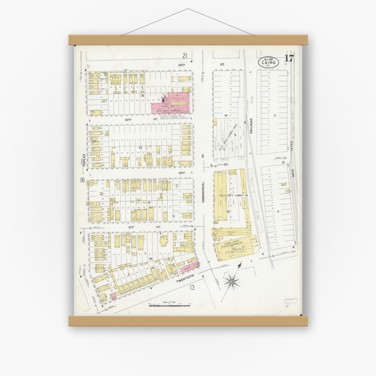 Old map wall art mockup — magnetic wood frame on white wall — Sanborn Fire Insurance Map from Cairo, Alexander County, Illinois (1907), Sheet #0017