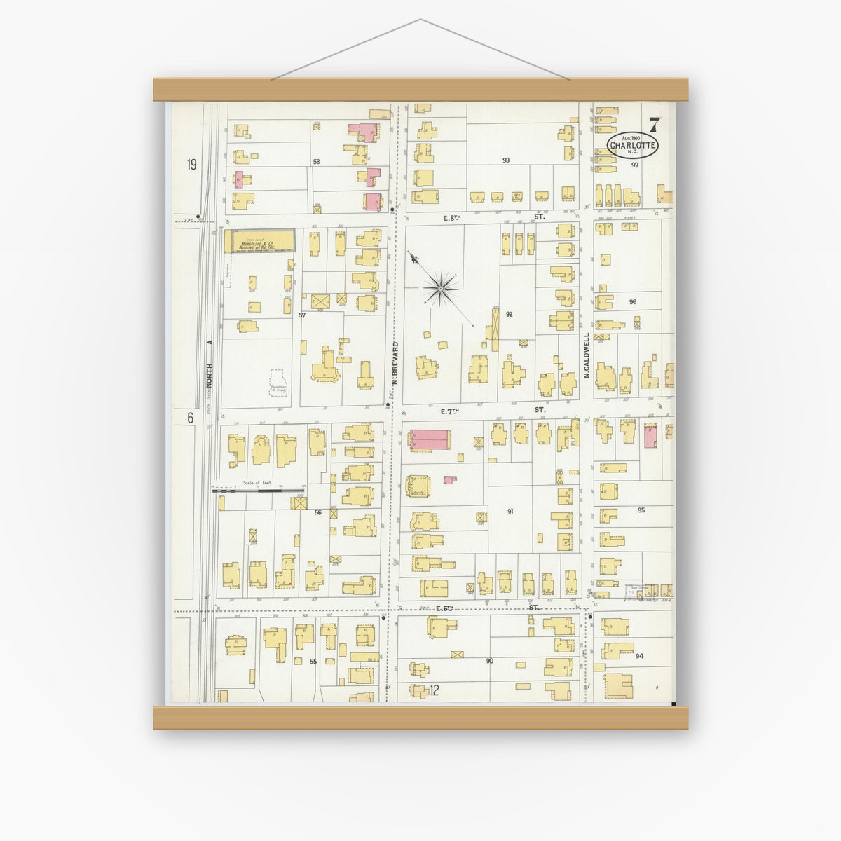 Old map wall art mockup — magnetic wood frame on white wall — Sanborn Fire Insurance Map from Charlotte, Mecklenburg County, North Carolina (1900), Sheet #0007