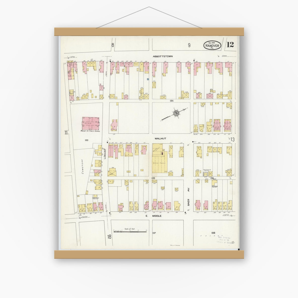 Old map wall art mockup — magnetic wood frame on white wall — Sanborn Fire Insurance Map from Hanover, York County, Pennsylvania (1909), Sheet #0012