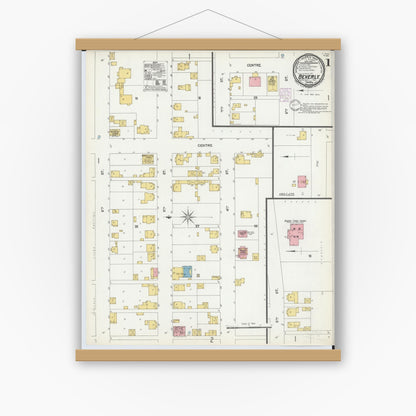 Old map wall art mockup — magnetic wood frame on white wall — Sanborn Fire Insurance Map from Beverly, Washington County, Ohio (1901) - Complete Map Set
