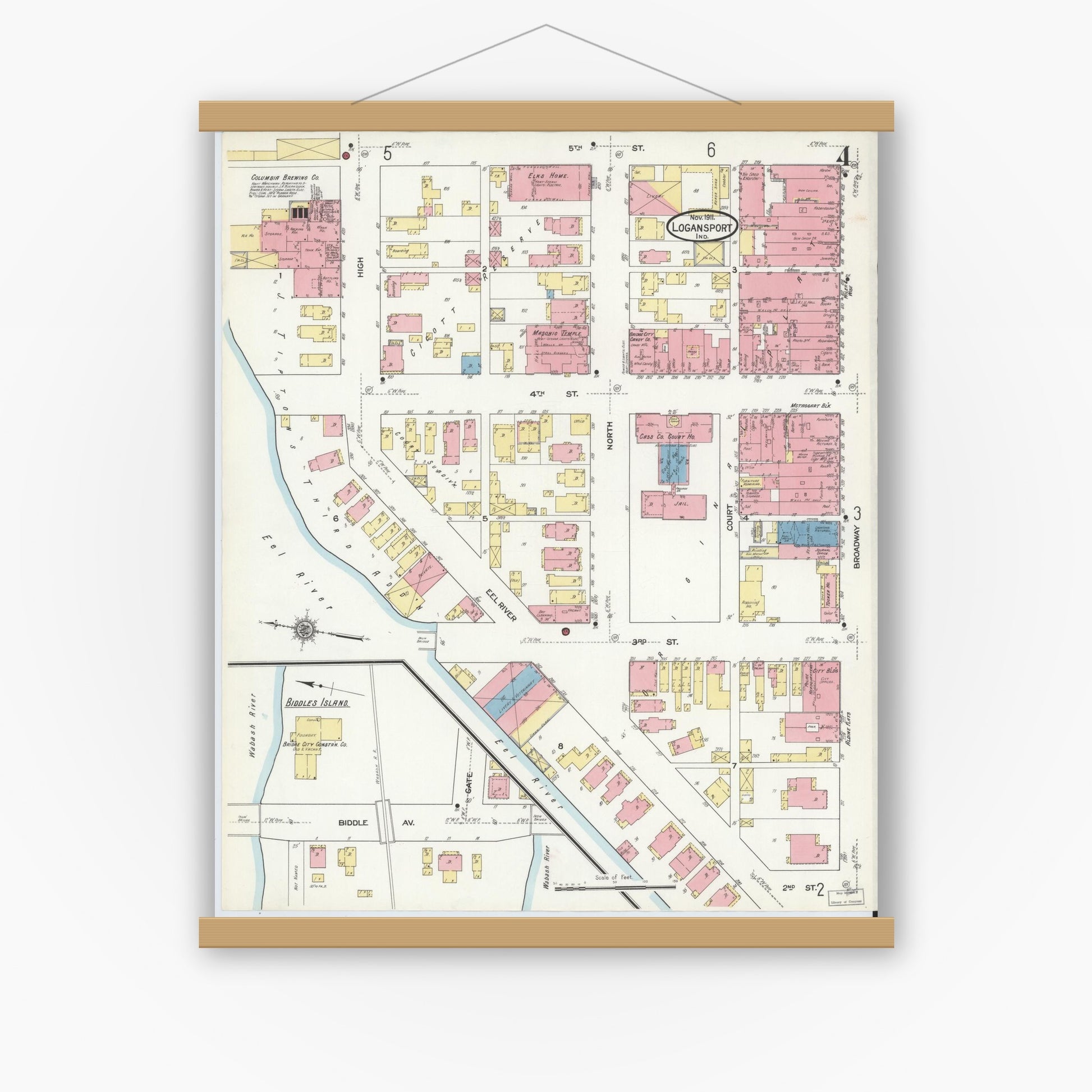 Old map wall art mockup — magnetic wood frame on white wall — Sanborn Fire Insurance Map from Logansport, Cass County, Indiana (1911), Sheet #0004