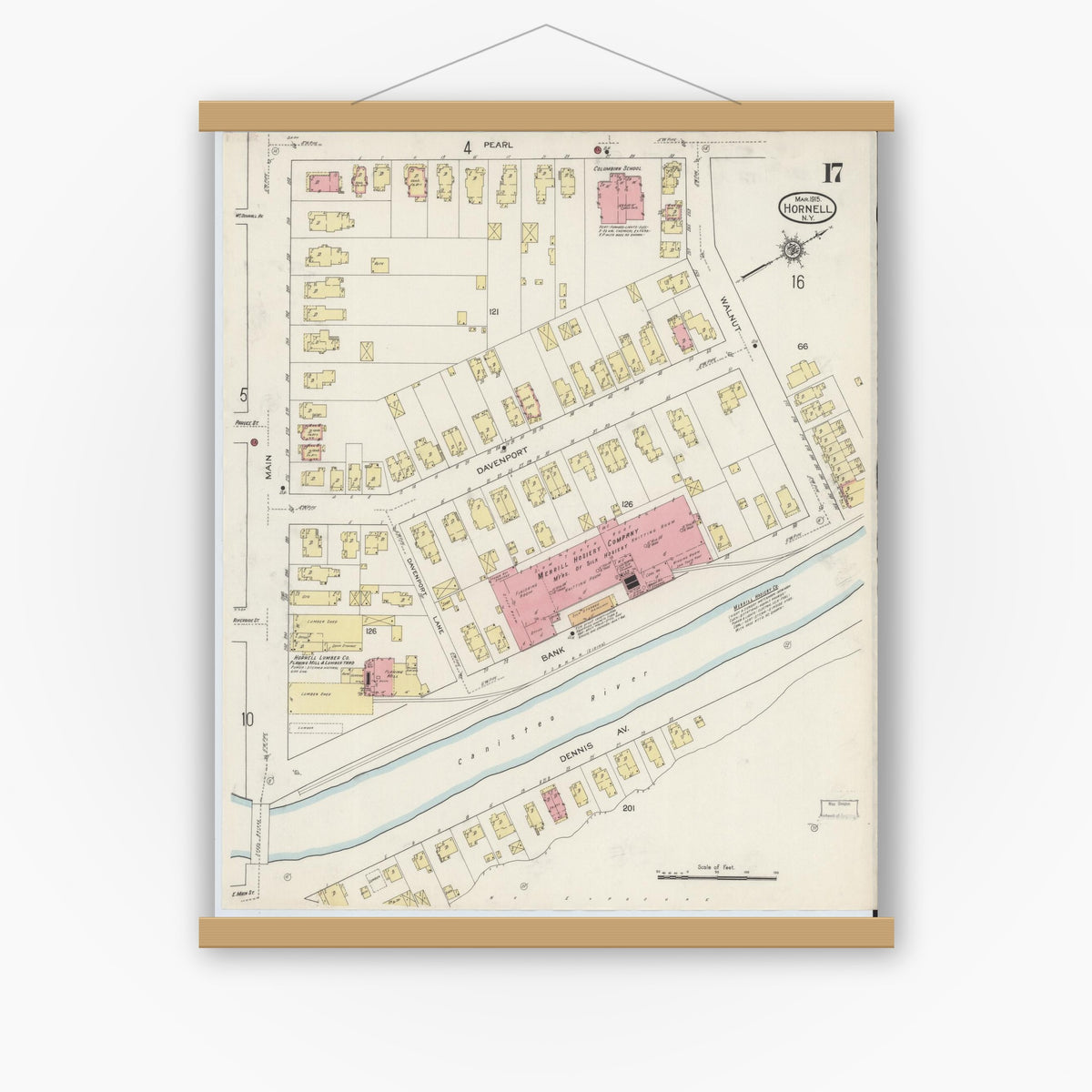 Old map wall art mockup — magnetic wood frame on white wall — Sanborn Fire Insurance Map from Hornell, Steuben County, New York (1915), Sheet #0017