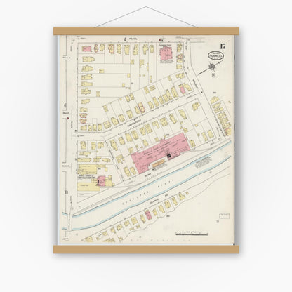 Old map wall art mockup — magnetic wood frame on white wall — Sanborn Fire Insurance Map from Hornell, Steuben County, New York (1915), Sheet #0017