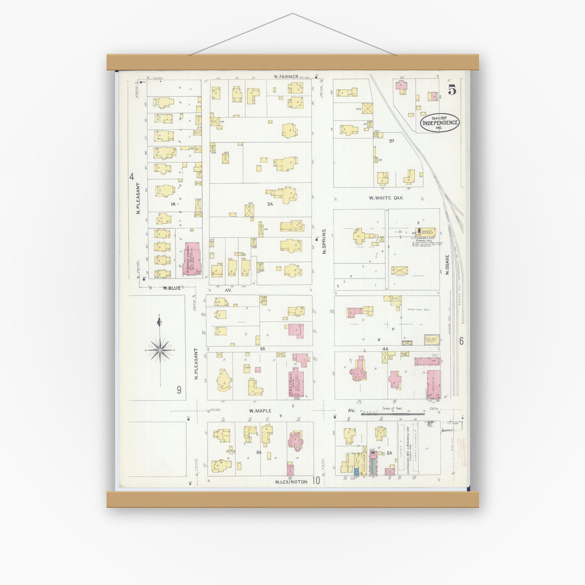 Old map wall art mockup — magnetic wood frame on white wall — Sanborn Fire Insurance Map from Independence, Jackson County, Missouri (1907), Sheet #0005